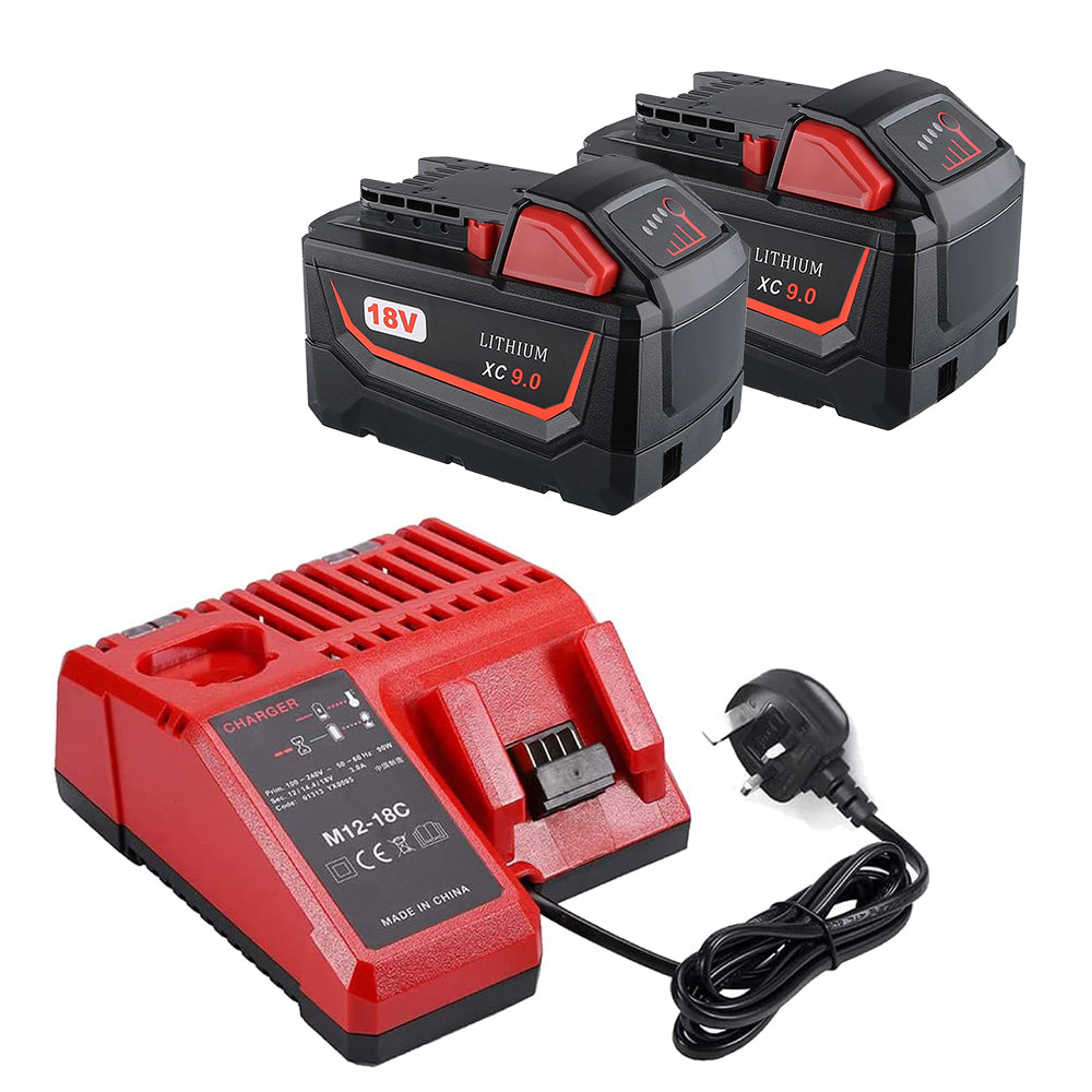 For Milwaukee 18V 9.0Ah XC LITHIUM Replacement Battery 2 Pack With Rapid Charger For Milwaukee M18 & M12 Battery