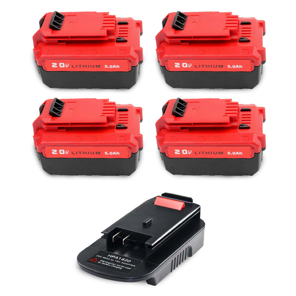 4 Pack For Porter Cable 20V Battery Replacement | PCC685L 5.0Ah Li-ion Battery |  PCC680L PCC640 Battery With Free HPA1820 20V to 18V Adapter