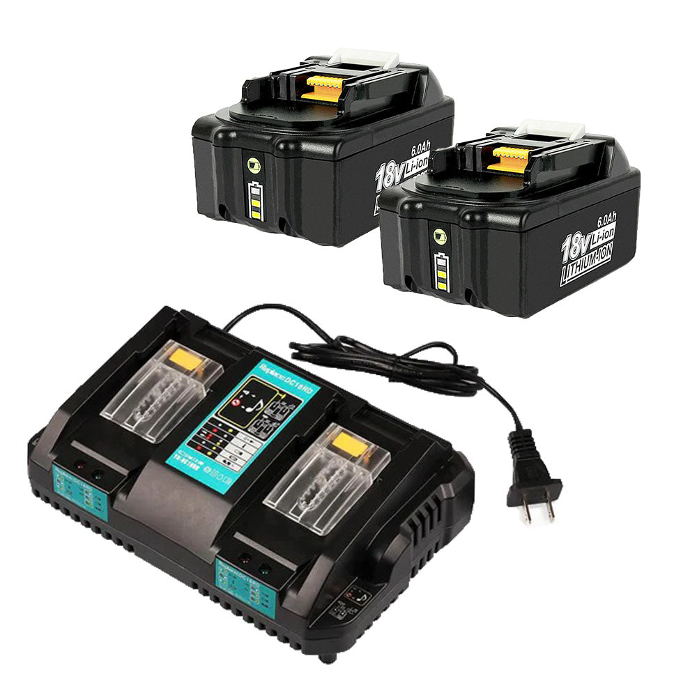 For 18V 6.0AH Makita BL1860B Battery Replacement 2 Pack with LED & For Makita DC18RD Dual Port Rapid Charger for BL1850 BL1830 Lithium-Ion Battery
