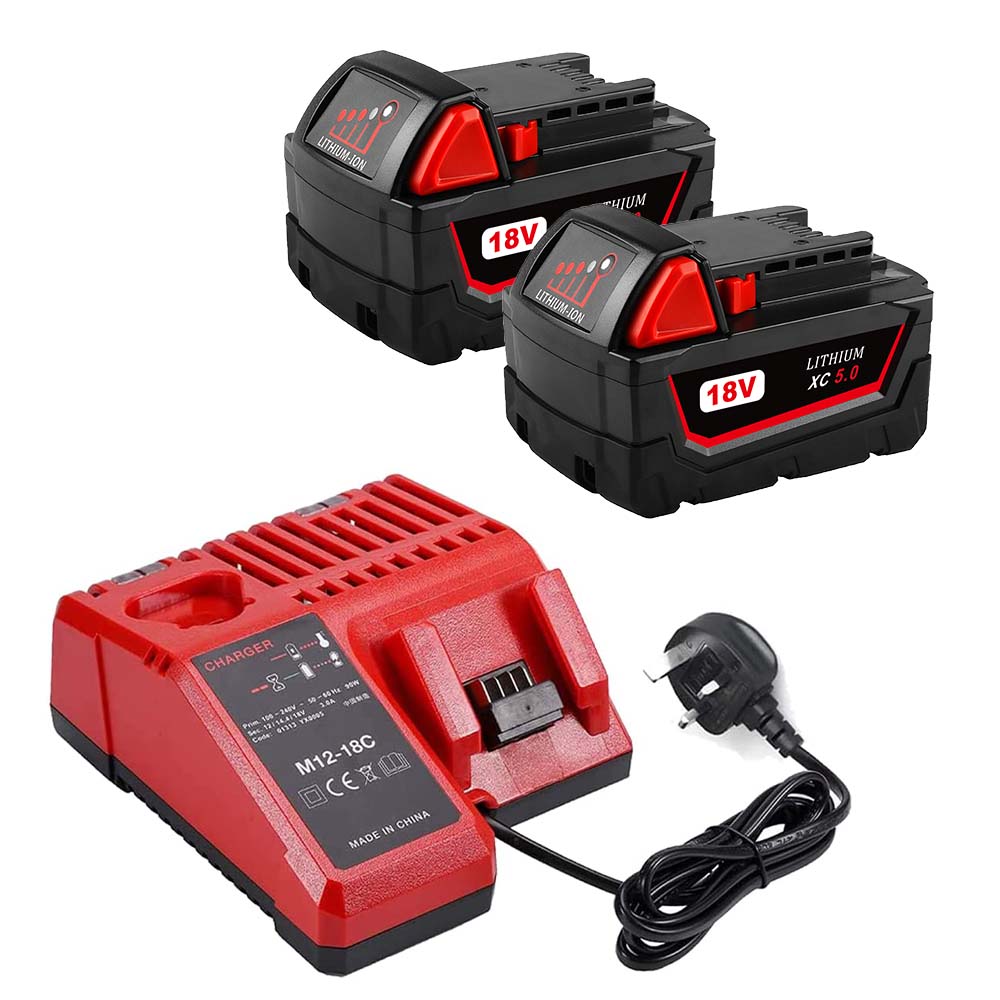 For Milwaukee 18V 5.0Ah XC LITHIUM Replacement Battery 2 Pack With Rapid Charger For Milwaukee M18 & M12 Battery