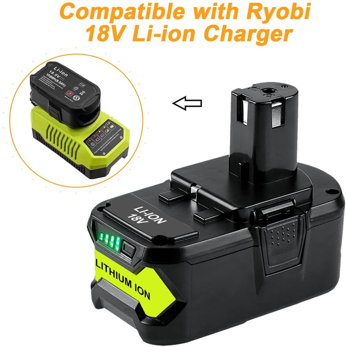 For Ryobi 18V Lithium Battery Replacement | P108 6.0Ah Li-ion Battery 2 Pack