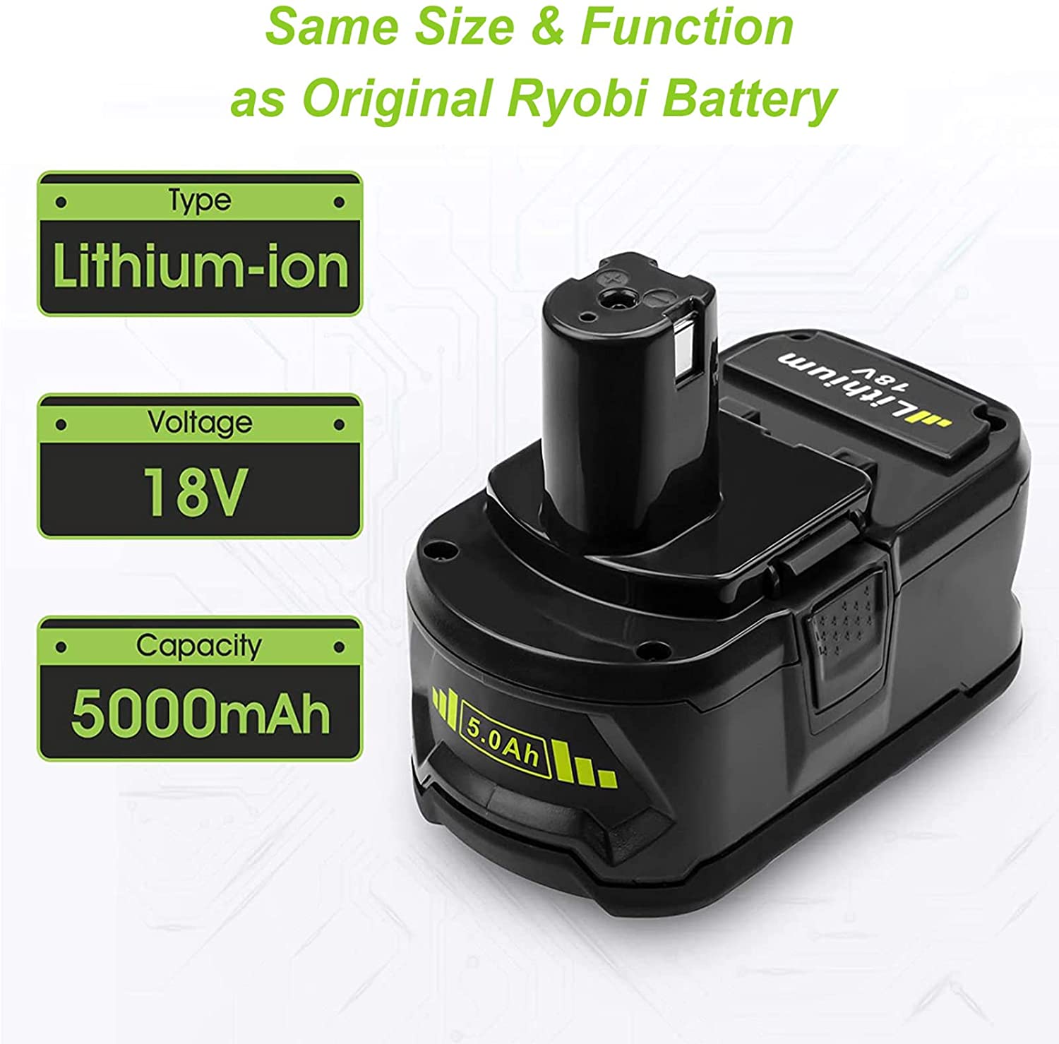 For Ryobi 18V 5.0Ah Battery Replacement | P108 One Plus Lithium Battery