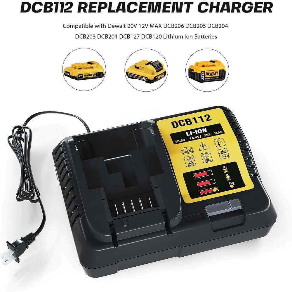 For DeWalt 20V MAX Battery | DCB200 6.0Ah LI-ION Battery 2 Pack with DCB112 Charger For DeWalt 20V Battery Charger | Replace DCB112 DCB107 DCB105