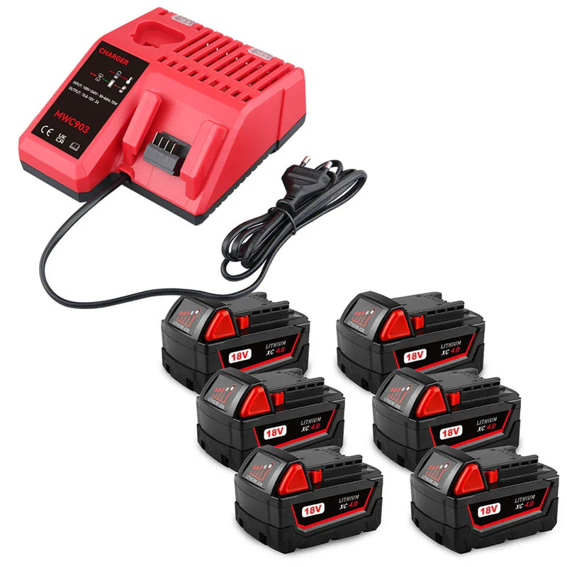 For Milwaukee 18V 4.0Ah XC LITHIUM Replacement Battery 6 Pack With Rapid Charger For Milwaukee M18 & M12 Battery - Triple-Batteries