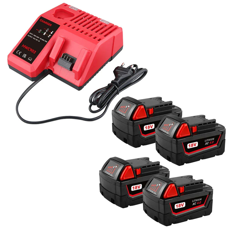 For Milwaukee 18V 4.0Ah XC LITHIUM Replacement Battery 4 Pack With Rapid Charger For Milwaukee M18 & M12 Battery - Triple-Batteries