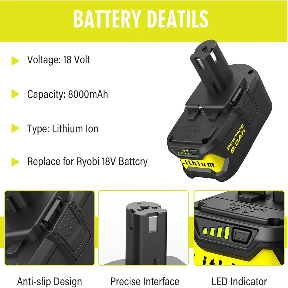 2-Pack 18V 8.0Ah Lithium Battery For RYOBI ONE+ Tools – Compatible With P108, P102-P109, BPL-1815, And More – 10-Year Warranty
