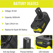 2 Packs 8.0Ah For Ryobi 18V P108 Battery replacement | High Capacity Li-ion Battery - Triple-Batteries