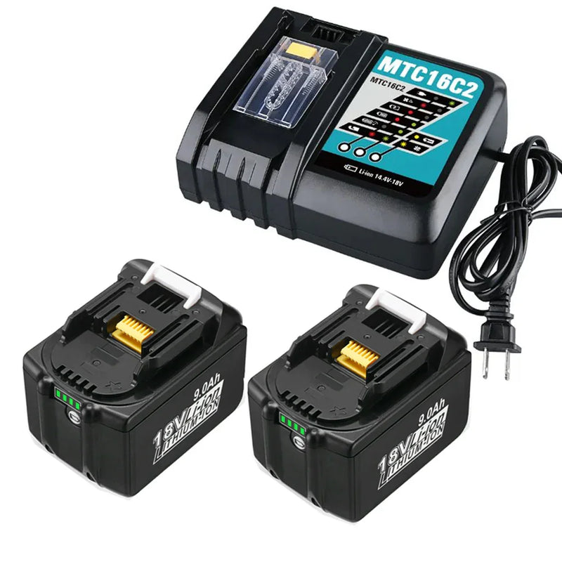 For Makita 18V Battery| BL1890B 9.0Ah Lithium BL1830 BL1850 Battery 2 Pack+DC18RC 6.0Ah Charger - Triple-Batteries