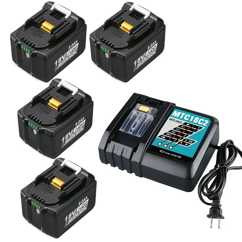 For Makita 18V Battery| BL1890B 9.0Ah Lithium BL1830 BL1850 Battery 4 Pack+DC18RC 6.0Ah Charger - Triple-Batteries