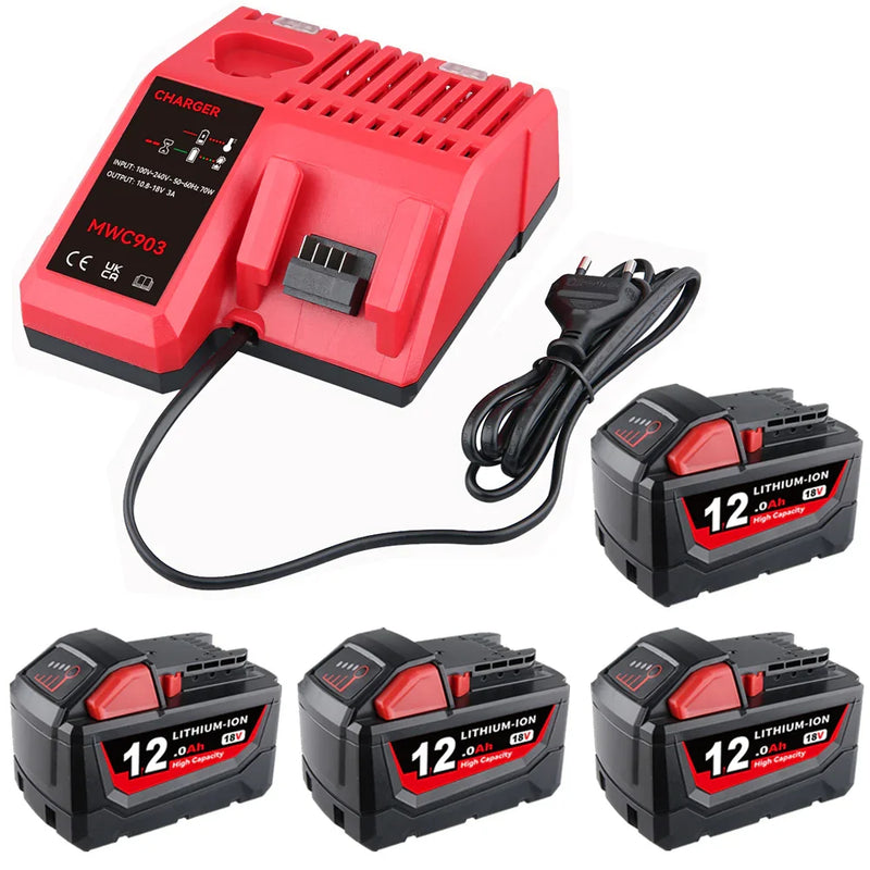 For Milwaukee 18V 12.0Ah XC LITHIUM Replacement Battery 4 Pack With Rapid Charger For Milwaukee M18 & M12 Battery - Triple-Batteries