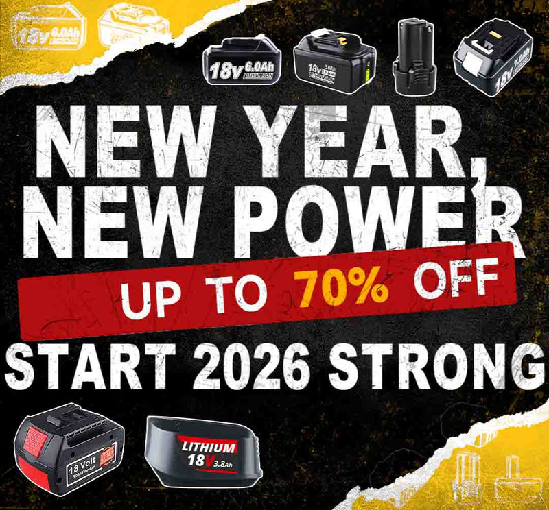 Promotional banner with battery packs and text 'New Year, New Power' on a black and yellow background.