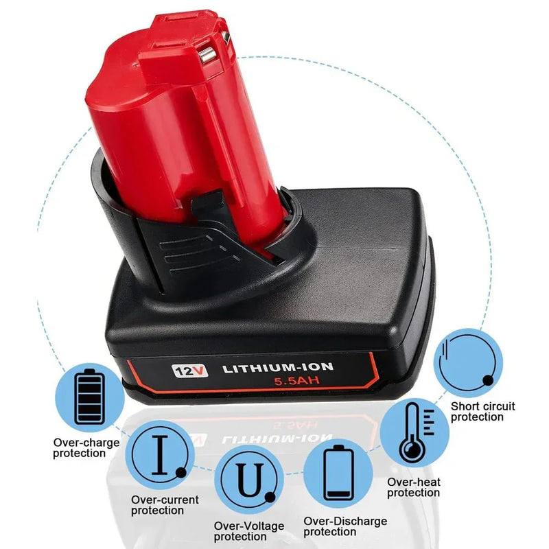 For Milwaukee M12 Battery Replacement | 12V 5.5Ah Li-ion Battery 4 Pack - Triple-Batteries