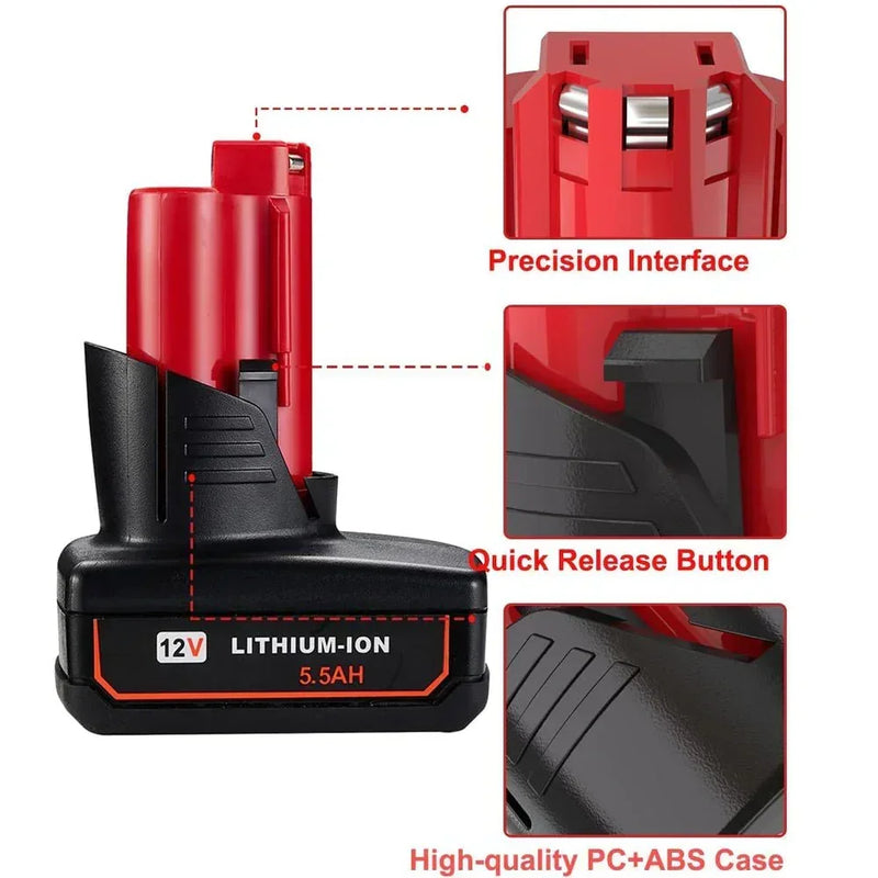 For Milwaukee M12 Battery Replacement | 12V 5.5Ah Li-ion Battery 4 Pack - Triple-Batteries