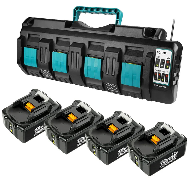 4 Pack For 18V 6Ah Makita BL1860B battery replacement & 4-port 18V Li-ion charger DC18SF For 14.4V-18V battery - Triple-Batteries