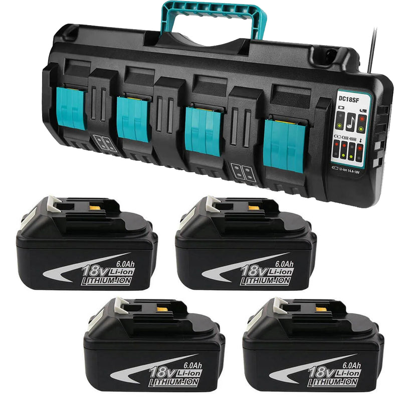 4 Pack For 18V 6Ah Makita BL1860 battery replacement & 4-port 18V Li-ion charger DC18SF For 14.4V-18V battery - Triple-Batteries