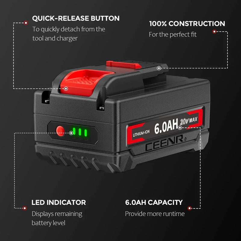 Ceenr 6.0Ah Battery For Worx 18V(20V Max) | Model WA3408, with LG Battery Cell (INR18650HG2) - Triple-Batteries