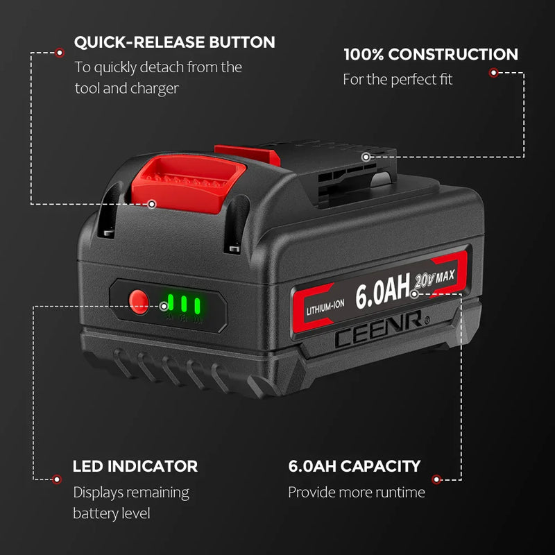 Ceenr 6.0Ah Battery for DeWalt 18V(20V Max) 4 Pack | Replacement Model DCB200, with LG Battery Cell (INR18650HG2) - Triple-Batteries