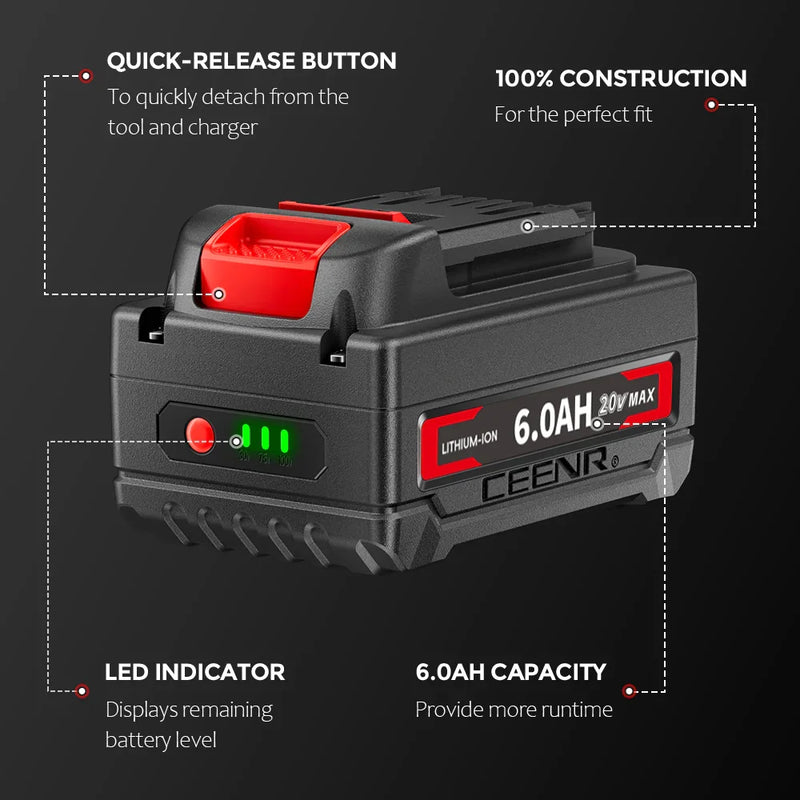 Ceenr 6.0Ah Battery For Worx 18V(20V Max) | Model WA3551, with LG Battery Cell (INR18650HG2) - Triple-Batteries