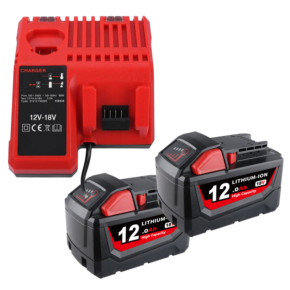 For Milwaukee 18V 12.0Ah XC LITHIUM Replacement Battery 2 Pack With Rapid Charger For Milwaukee M18 & M12 Battery