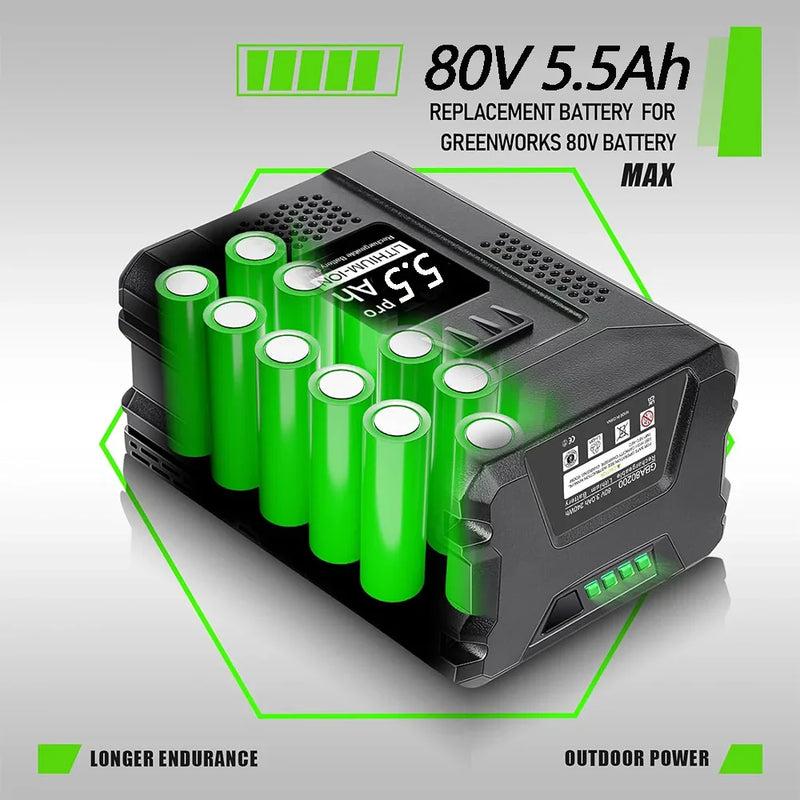 For Greenworks 80V 5.5Ah Battery Max GBA80200 compatible with Greenworks 80V Cordless Power Tools GCH8040 - Triple-Batteries