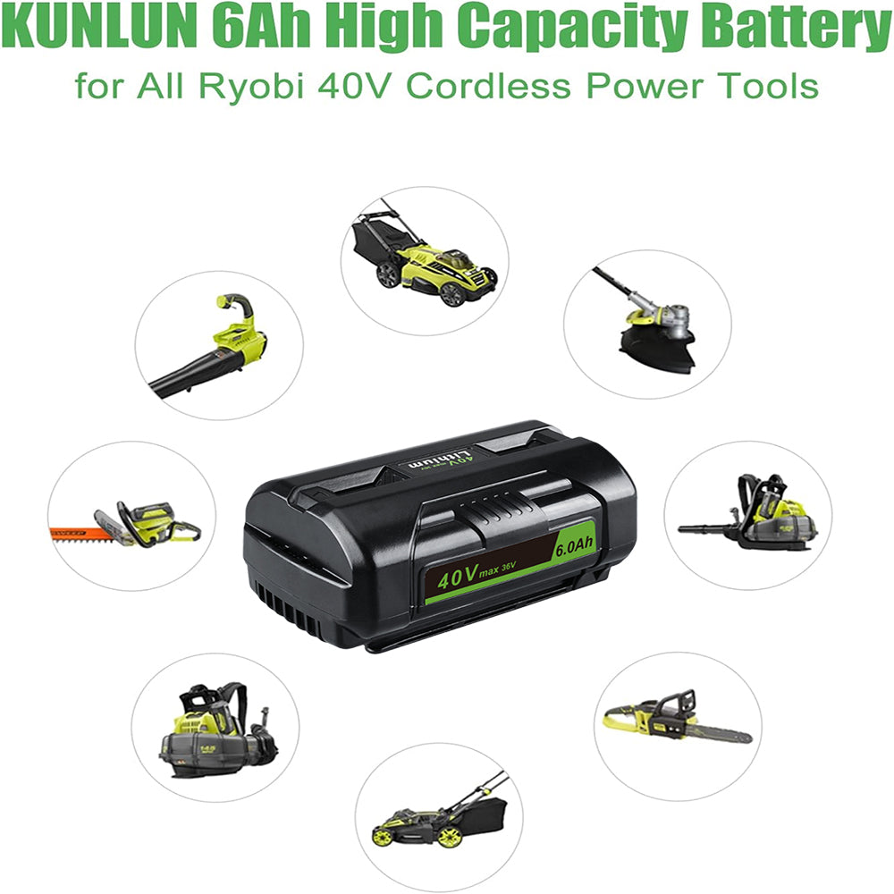 thumbnail image 2 of 2-Pack 6.0Ah Replacement Batteries + Charger For Ryobi 40V Tools (OP40602 Compatible) 2 of 6