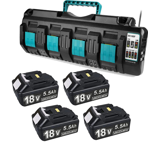 4 Pack For 18V 5.5Ah Makita BL1850 battery replacement & 4-port 18V Li-ion charger DC18SF For 14.4V-18V battery - Triple-Batteries