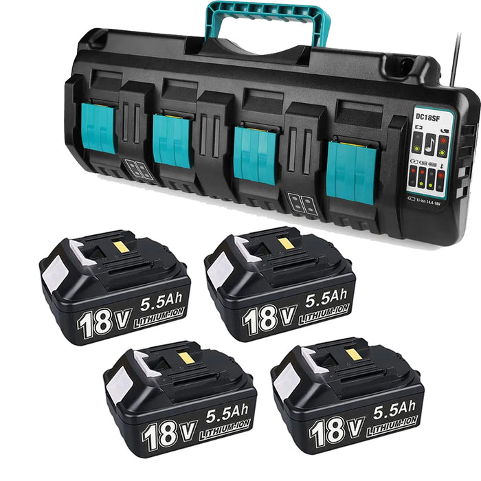 4 Pack For 18V 5.5Ah Makita BL1850 battery replacement & 4-port 18V Li-ion charger DC18SF For 14.4V-18V battery - Triple-Batteries