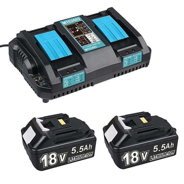 For 18V 5.5Ah Makita BL1850 Battery Replacement 2 Pack with LED & For Makita DC18RD Dual Port Rapid Charger for BL1850 BL1830 Lithium-Ion Battery - Triple-Batteries