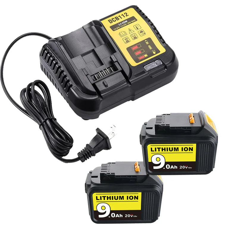 For DeWalt 20V MAX Battery | DCB200 9.0AH LI-ION Battery 2 Pack with DCB112 Charger For DeWalt 20V Battery Charger | Replace DCB112 DCB107 DCB105 - Triple-Batteries
