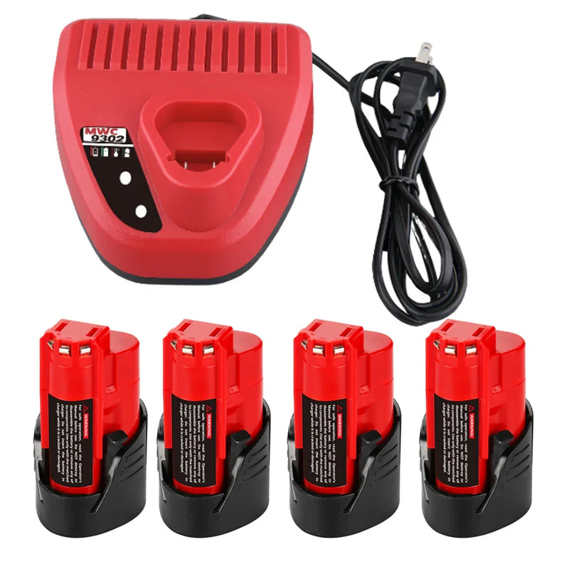 4 Pack For Milwaukee M12 12V 3.5Ah Battery Replacement + M12 Charger Replacement | 12V Rapid Charger - Triple-Batteries