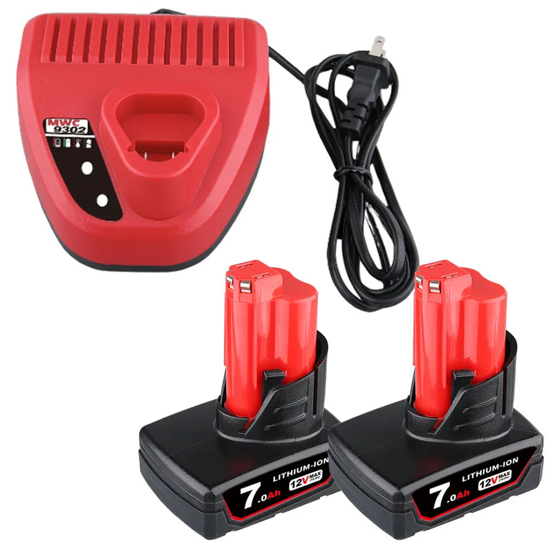 2 Pack For Milwaukee M12 12V 7.0Ah Li-ion Battery + M12 Charger Replacement | 12V Rapid Charger - Triple-Batteries