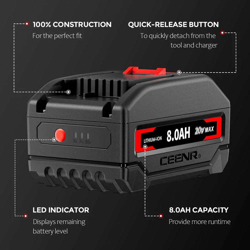 Ceenr 8.0Ah Battery For Worx 20V Max 2 Pack | Model WA3520, with Lishen 21700 Battery Cell (LR2170LA) - Triple-Batteries