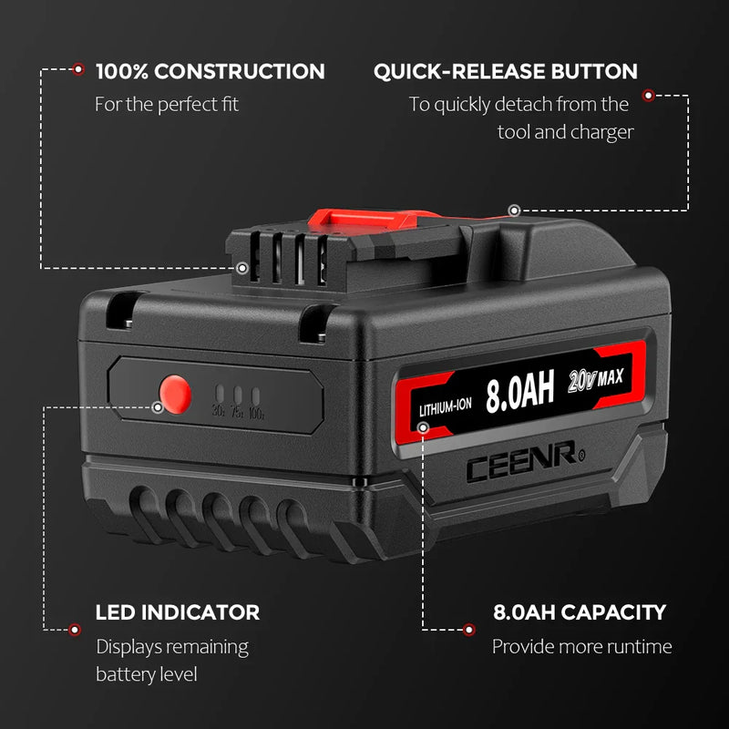 Ceenr 8.0Ah Battery For Worx 20V Max 4 Pack | Model WA3551, with Lishen 21700 Battery Cell (LR2170LA) - Triple-Batteries