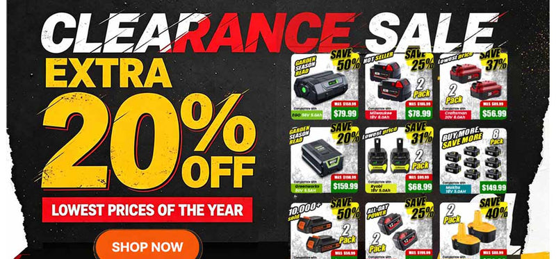 Promotional sale banner for a home improvement store with large text reading 'CLEARANCE SALE' and 'EXTRA 20% OFF'. The right side shows multiple battery tool products with sale prices and discount percentages, including cordless tools and accessories, on a black background with torn-paper edges.