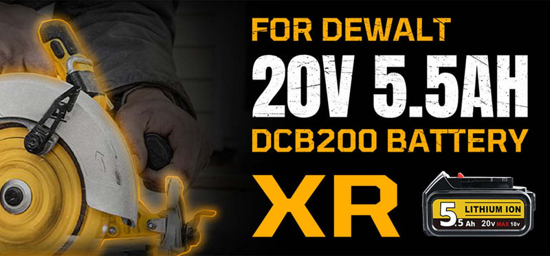 Promotional graphic for a DeWalt XR 20V 5.5Ah DCB200 lithium-ion battery, showing a circular saw in use with a hand on the handle and large yellow text on a black background.