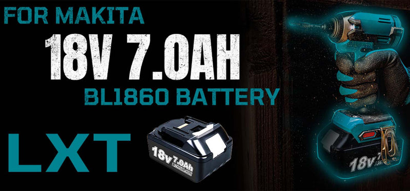 LXT 18V 7.0Ah BL1860 battery advertised for Makita cordless drills, shown alongside a teal and black cordless drill with a glowing effect on a dark background.