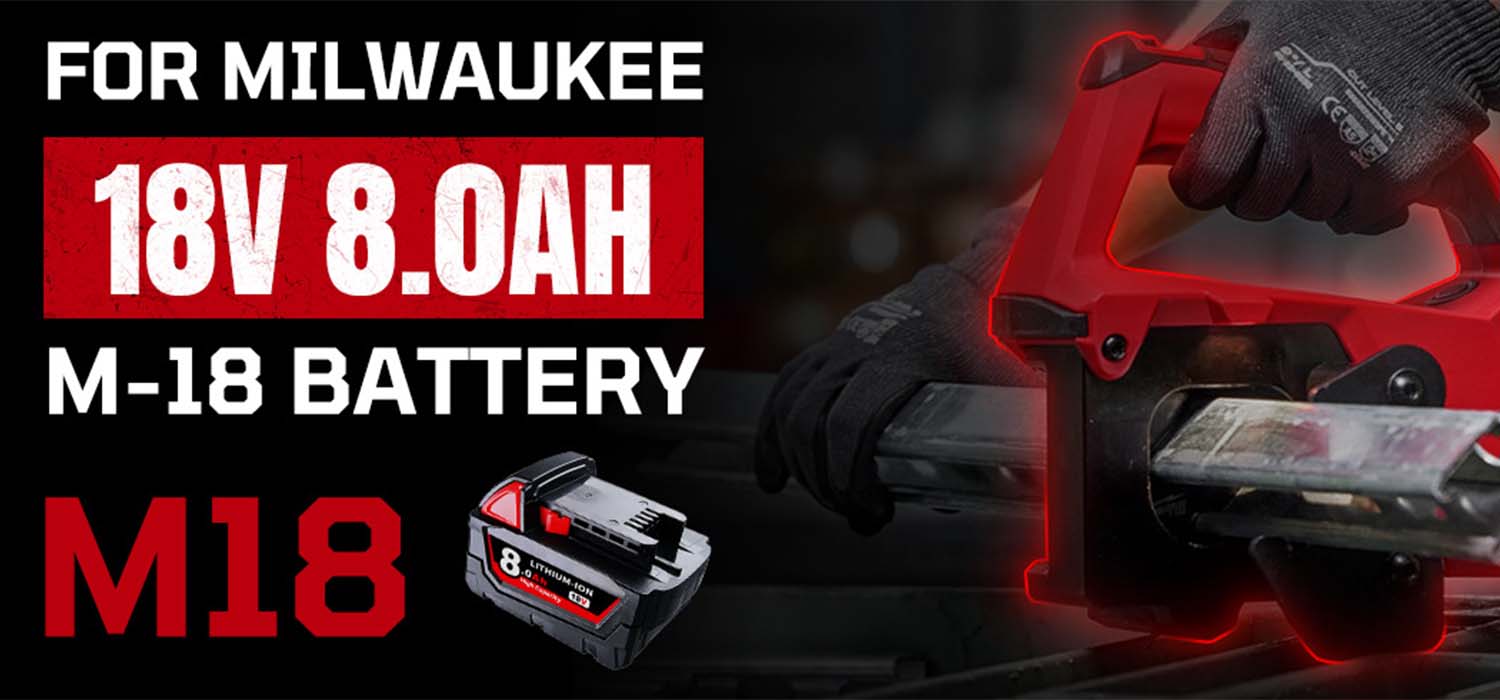 Milwaukee 18V 8.0Ah M-18 cordless battery pack shown with a red and black cordless tool in use, plus large text reading 'FOR MILWAUKEE 18V 8.