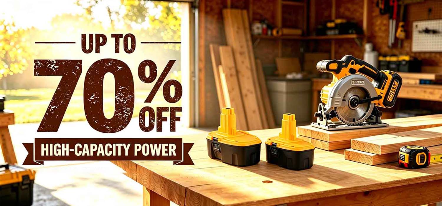 Promotional banner for cordless power tools in a workshop setting, featuring a circular saw and two yellow-and-black battery packs on a wooden workbench, with large text reading 'UP TO 70% OFF HIGH-CAPACITY POWER'.