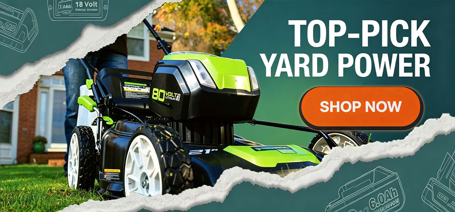 A cordless electric lawnmower in black and bright green is shown being pushed on a grassy lawn, with a torn-paper style graphic overlay and promotional text reading 'TOP-PICK YARD POWER' and 'SHOP NOW'.