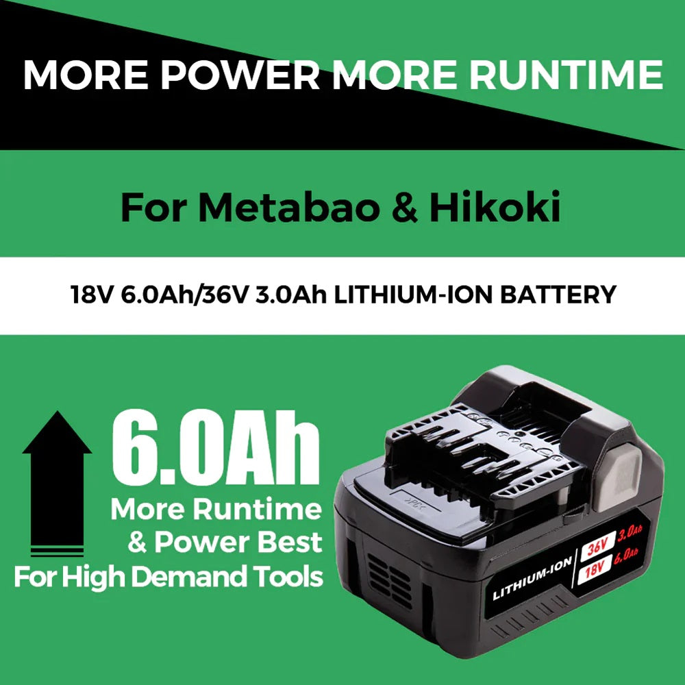 2 Pack 18V/36V 6.0Ah Lithium-ion Replacement Battery For Metabo HPT (Hitachi) MultiVolt Battery / 371751M 372121M BSL36A18 BSL36B18