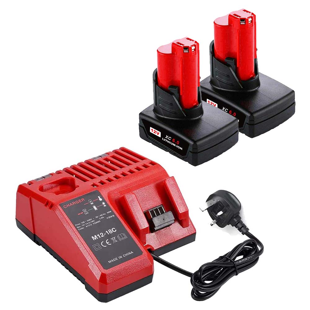 For Milwaukee M12 XC Battery Replacement 6.0AH 2 Pack With Rapid Charger For Milwaukee M12 M18 Battery