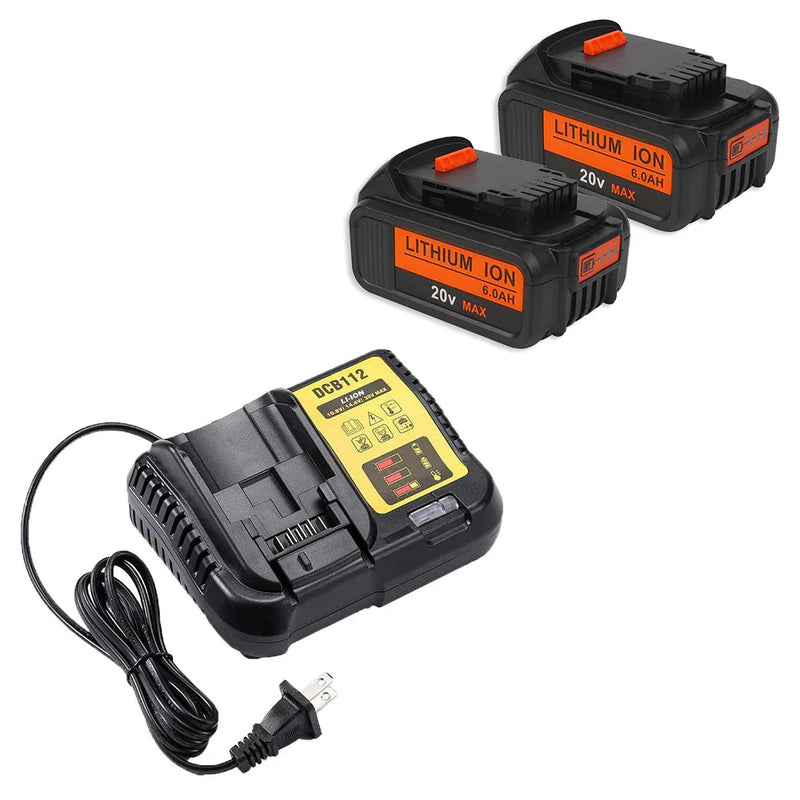 For DeWalt 20V MAX Battery | DCB200 6.0Ah LI-ION Battery 2 Pack with DCB112 Charger For DeWalt 20V Battery Charger | Replace DCB112 DCB107 DCB105 - Triple-Batteries