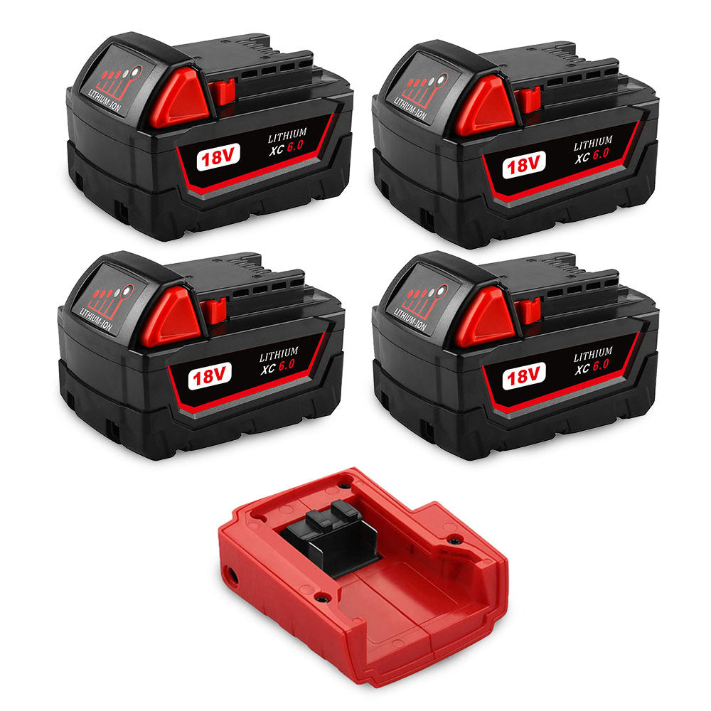 For Milwaukee 18V 6.0Ah Battery Replacement | M18 Li-ion Battery 4 Pack With Free 18V USB Battery Adapter