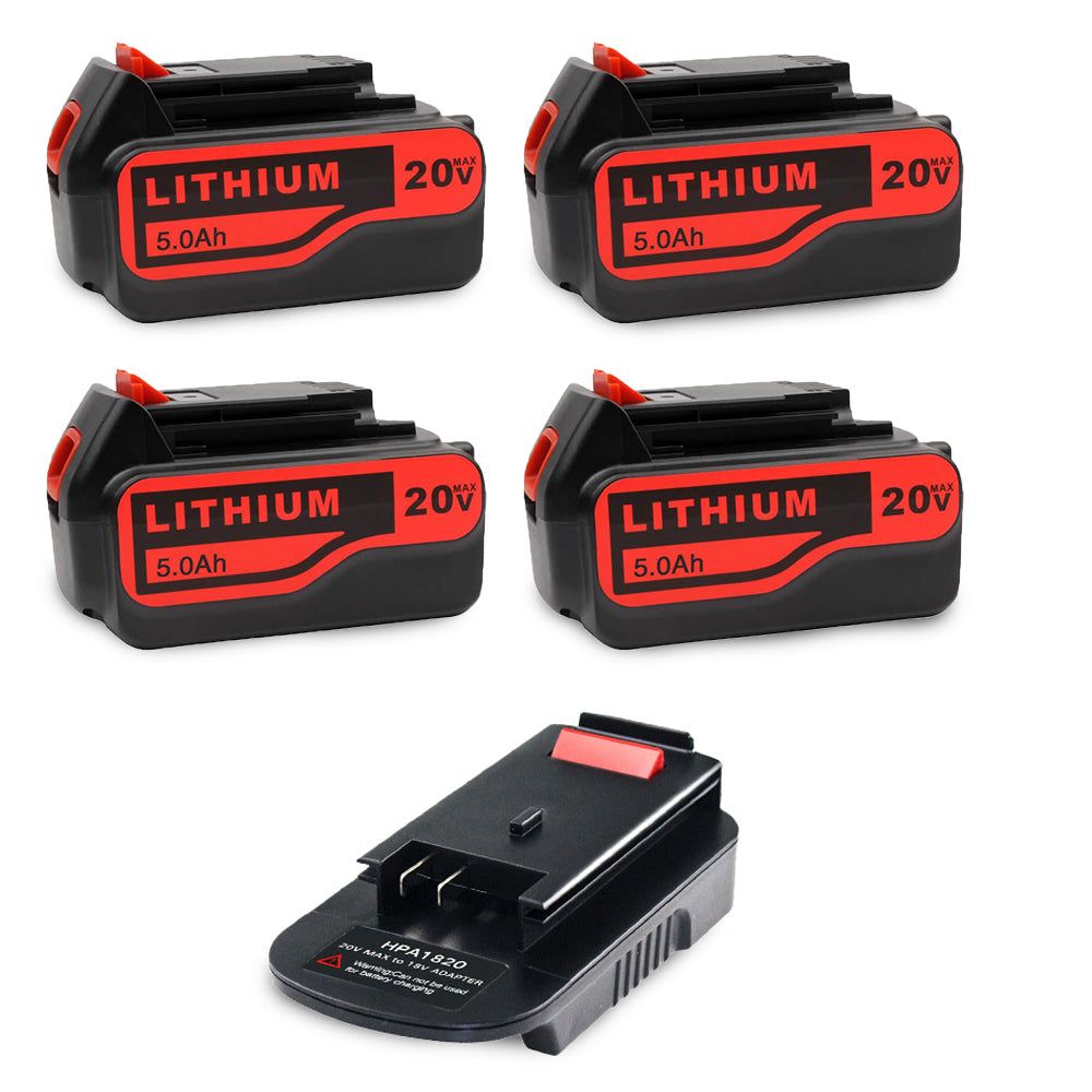 For Black and Decker 20V Battery Replacement | LBXR20 5.0Ah Lithium-Ion Battery 4 Pack With Free HPA1820 20V to 18V Adapter