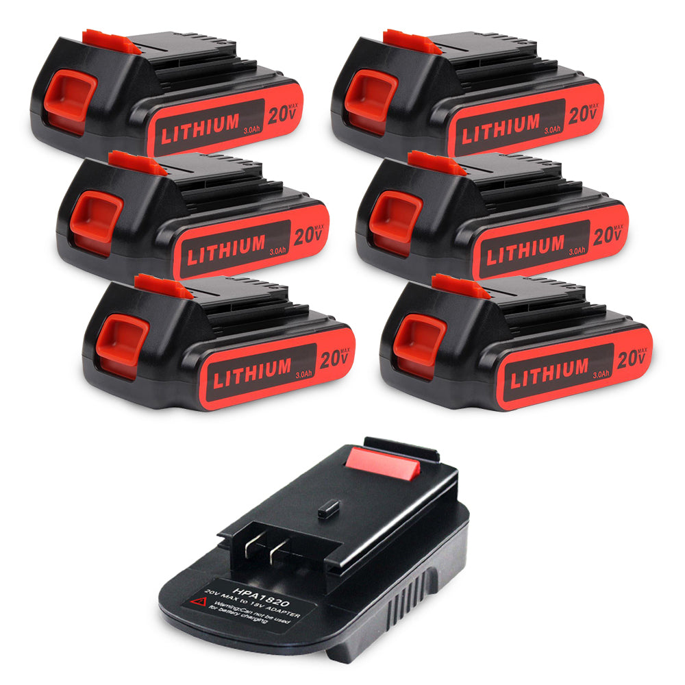 For Black and Decker 20V Battery Replacement | LBXR20 3.0Ah Lithium-Ion Battery 6 Pack With Free HPA1820 20V to 18V Adapter