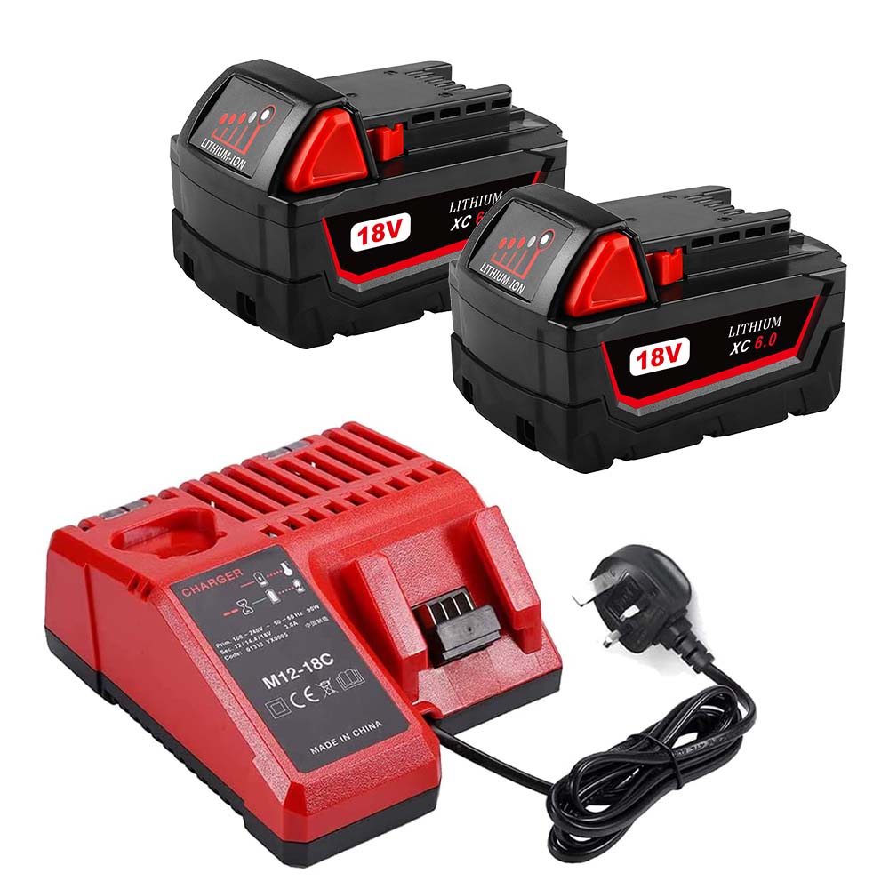 For Milwaukee 18V 6.0Ah XC LITHIUM Replacement Battery 2 Pack With Rapid Charger For Milwaukee M18 & M12 Battery