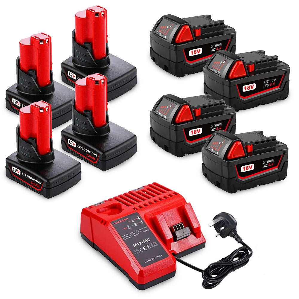 For Milwaukee 18V 6.0Ah Battery Replacement 4 Pack & 12V 6.0Ah Battery Replacement 4 Pack With Free 12V and 18V Rapid Charger