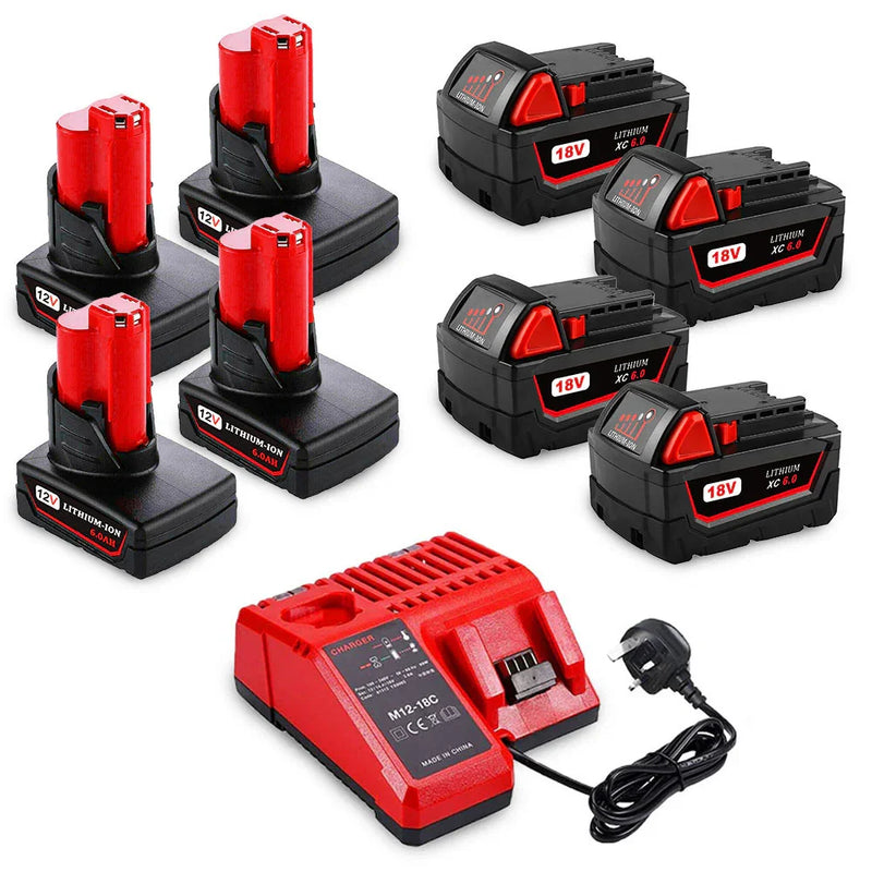 For Milwaukee 18V 6.0Ah Battery Replacement 4 Pack & 12V 6.0Ah Battery Replacement 4 Pack With Free 12V and 18V Rapid Charger - Triple-Batteries