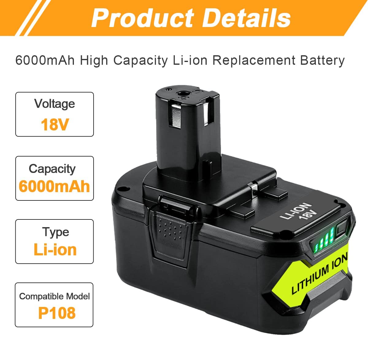 For Ryobi 18V Battery Replacement 6.0Ah | P108 Ryobi Drill Battery 3 Pack