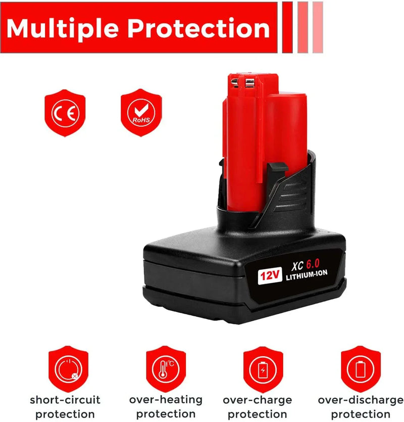 For Milwaukee M12 XC Battery Replacement 6.0AH 2 Pack With Rapid Charger For Milwaukee M12 M18 Battery - Triple-Batteries